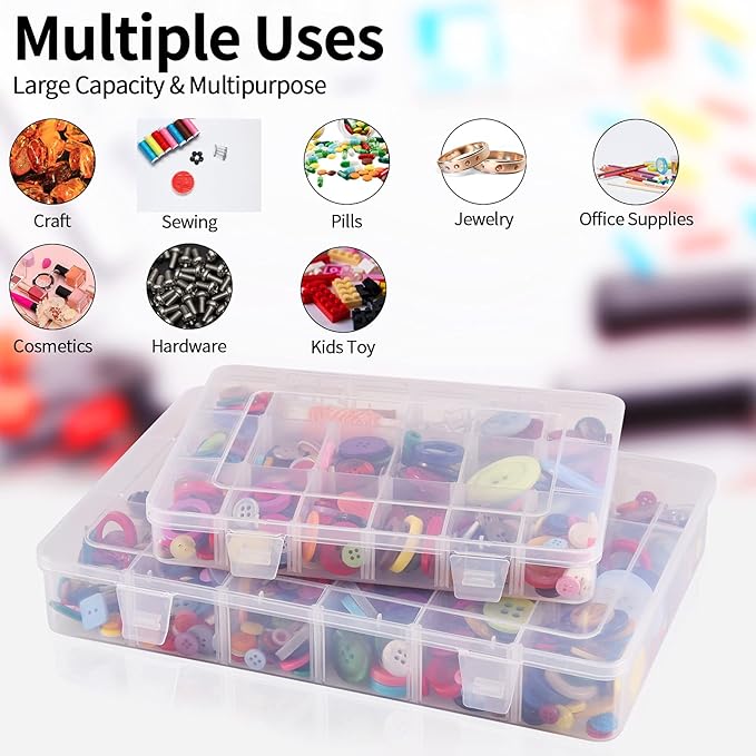 18 Grids Plastic Organizer Box with Dividers, Clear Compartment Container Storage for Beads Crafts Jewelry Fishing Tackles, Size 7.9 x 6.2 x 1.2 in