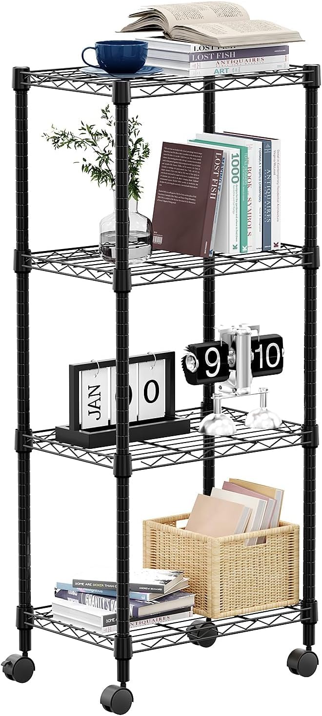 4-Shelf Adjustable Heavy Duty Steel Wire Rack, Adjustable Storage Shelving Unit with Wheel for Kitchen, Garage, Laundry Black 11.8" D x 17.7" W x 40.8" H