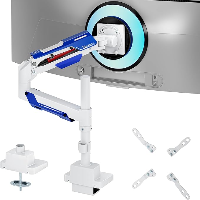 ARES WING CoreArm Single Monitor Mount, Ultrawide Monitor Arm for 24 to 57'' Heavy Duty Curved Screen, Adjustable Gas Spring Monitors Arm Stand up to 66LBS with 75/100/200 Vesa Mount, White