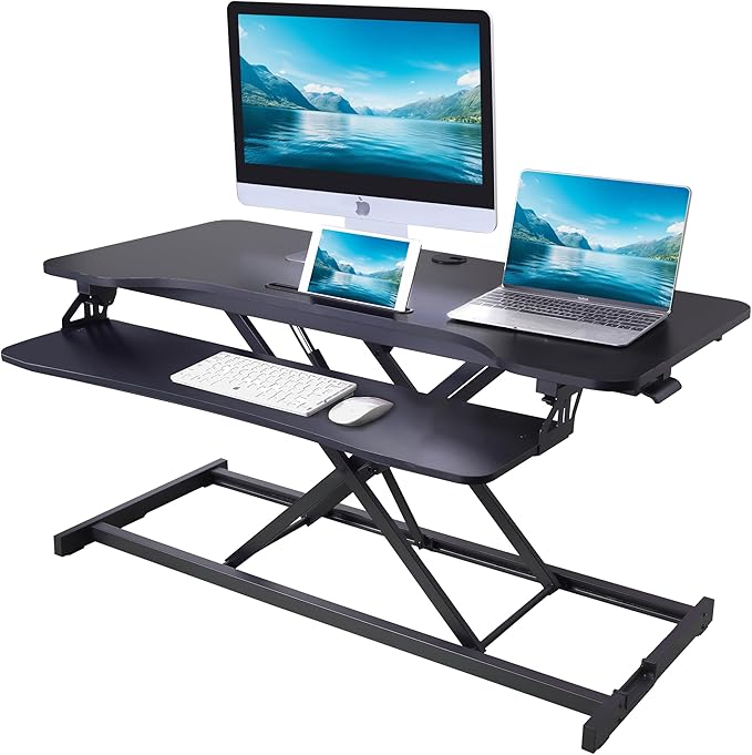 Rocelco 43" Height Adjustable Standing Desk Converter with Anti Fatigue Floor Mat - Tall Stand Up Tabletop Riser and Tablet Slot - Computer Workstation - Deep Keyboard Tray - Black (R VADRB-43-MAFM)