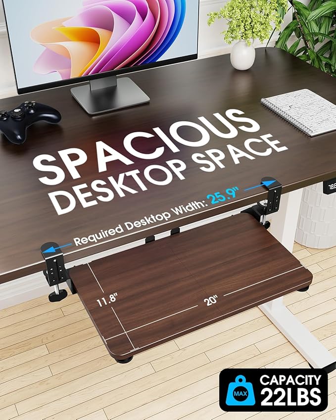 Small Keyboard Tray Under Desk, Pull Out Keyboard & Mouse Tray with Adjustable C-clamp, 20(25.9 Including Clamps) x 11.8 Inch Slide Out Computer Keyboard Drawer Mouse Tray for Typing, Walnut