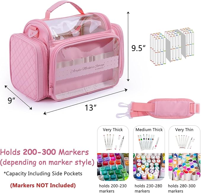 Marker Organizer Case Bag for 200-300 Markers – Large Art Supply Storage Bag with Detachable Dividers, Travel Marker Holder for Alcohol Markers, Brush Pens, Colored Pencils & Craft Supplies