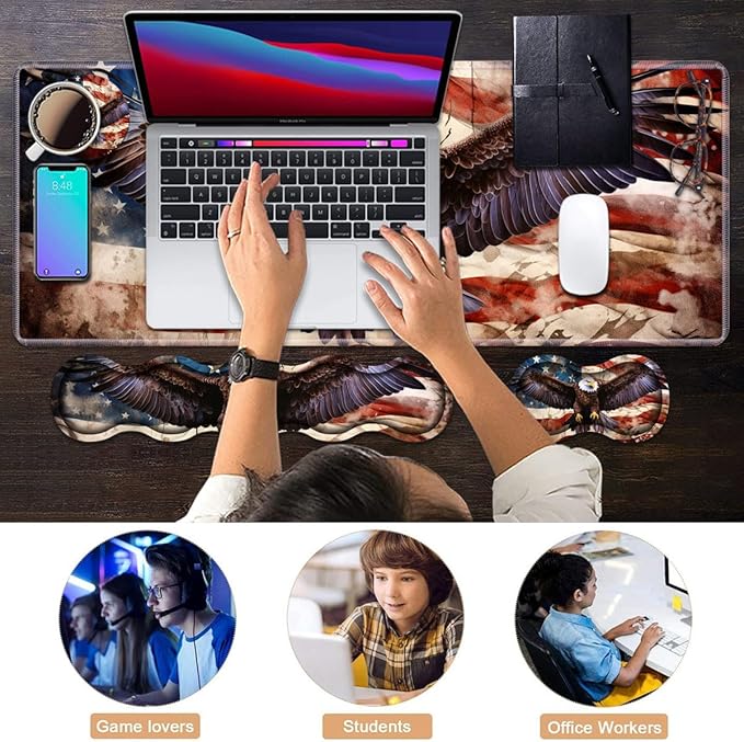 Ergonomic Keyboard Wrist Rest & Mouse Pad Wrist Rest Set,Large XXL Gaming Desk Mat 31.5"x 11.8" with Memory Foam,Easy Typing Pain Relief for Office & Home,Vintage USA Flag American Patriotic Eagle