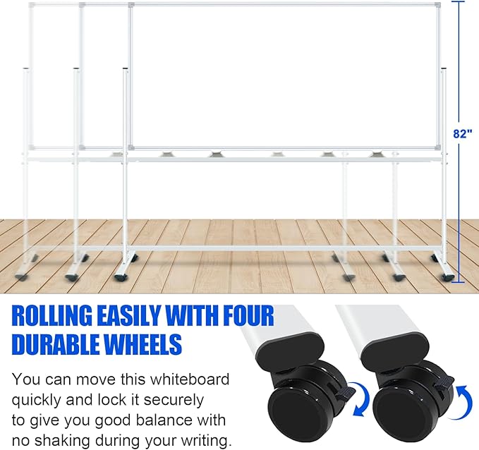 Double-Sided Magnetic White Board 96"x48" Dry Erase Whiteboard, Large Rolling White Boards on Wheels, 8' x 4' Whiteboard with Stand for Office, School, Home. Including Eraser, Marker, Magnet