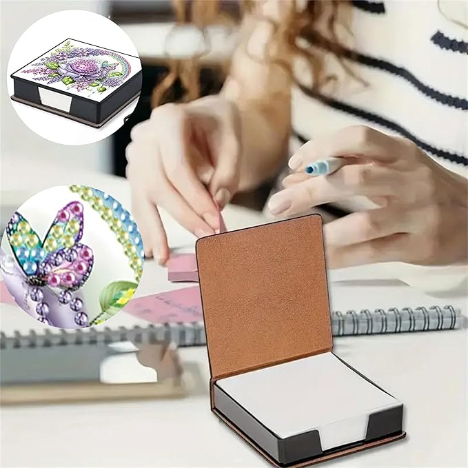 Flower Diamond Painting Note Box Memo Pad Holder, Rose Diamond Art Sticky Notes Organizer for Desk, Aesthetic Stationery Storage Case for Office,School Supplies (Rose)