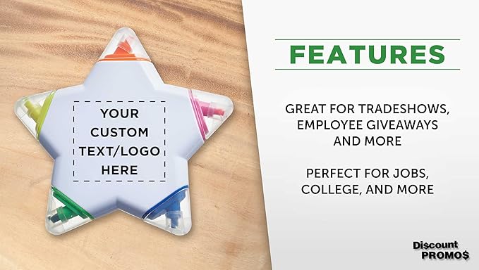 DISCOUNT PROMOS Custom Highlighters Set of 10/50/100, Personalized Bulk Pack Durable Chisel Tip Textbook Highlighters Handy and Easy to Store - Star