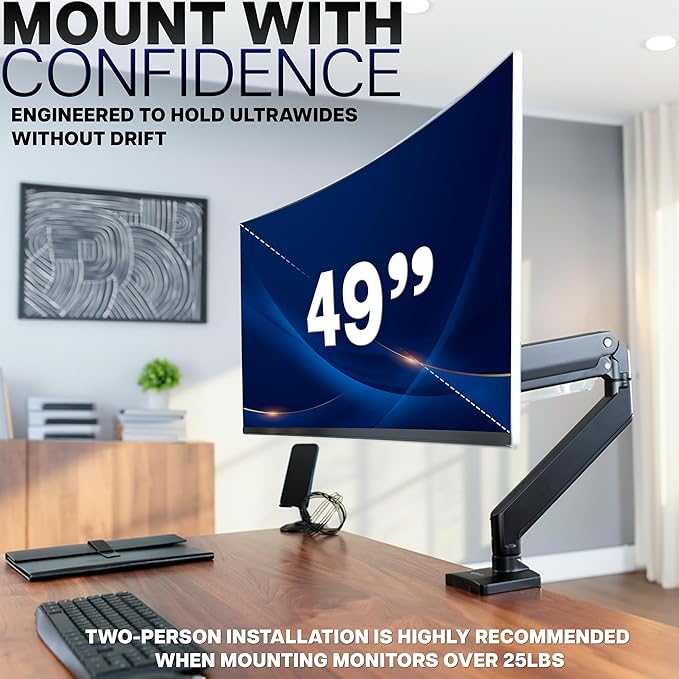 VIVO Premium Aluminum Heavy Duty Monitor Arm with 3.0 USB Ports, Fits Ultrawide Monitors up to 49 inches and 33 lbs, Single Desk Mount Stand, Pneumatic Height, Max VESA 100x100, Black, STAND-V101G1U