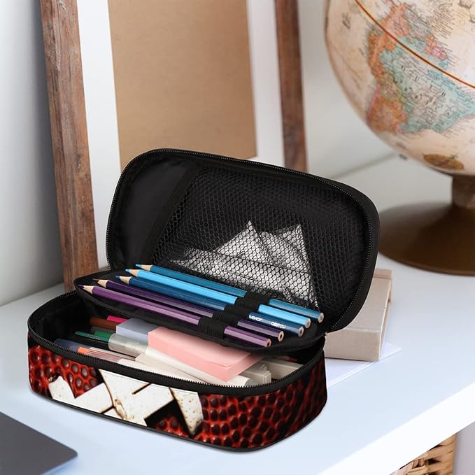 Pardick American Football Big Capacity Pencil Pen Case Football Large Pencil Pouch with Zipper Compartments Pencil Bag for Boys Girls Adults Student Office School Supplies