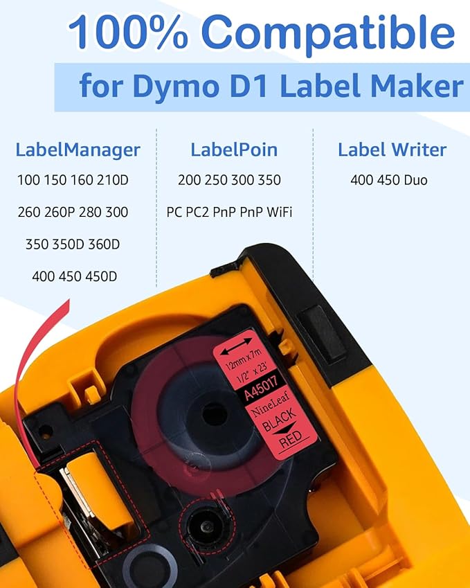 NineLeaf 6 Pack Compatible Label Tape Replacement for Dymo D1 Label Tape 12mm 45013 45010 45016 45017 45018 45019, 1/2 Inch D1 Label Cassette Use for Dymo LabelManager 160 280 360D 210D 450 COLORPOP