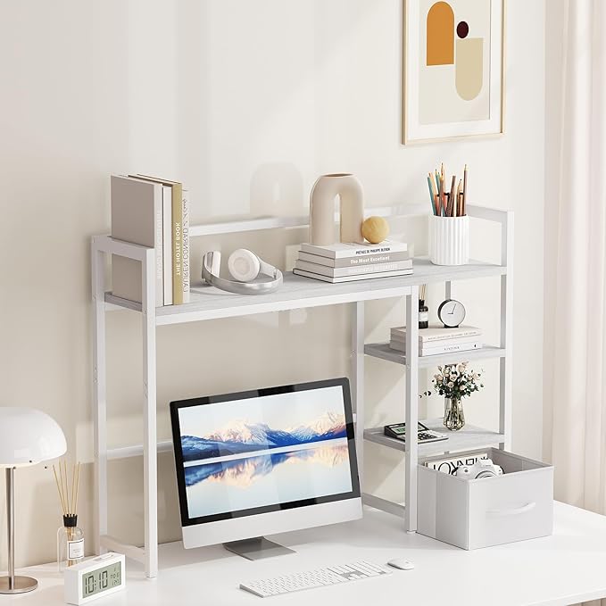 Marbrasse Desk Shelf with Drawer, 40" Desk Hutch for Computer Monitor, Desk Shelf for top of Desk, Wooden Desktop Bookshelf Storage Rack for Home Office Dorm - White