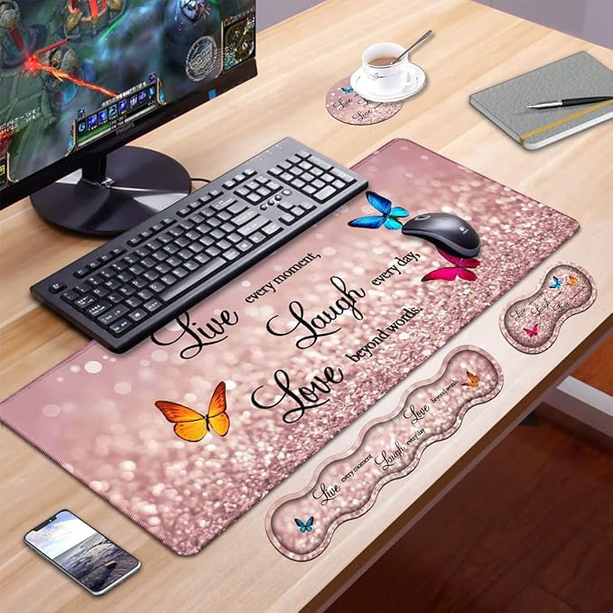 Ergonomic Keyboard Wrist Rest & Mouse Pad Wrist Rest Set, Large XXL Gaming Desk Mat 31.5"x 11.8", Non-Slip Base, Memory Foam, Easy Typing Pain Relief for Office & Home, Glitter Quote Live Laugh Love