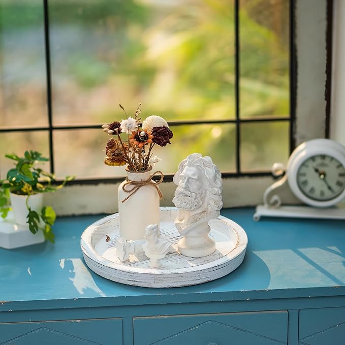 Hanobe Candle Plate Holder Tray: Round Wooden Decorative Candle Plate Small Farmhouse Table Centerpiece Rustic White Wood Tealight Pillar Trays for Home Decor