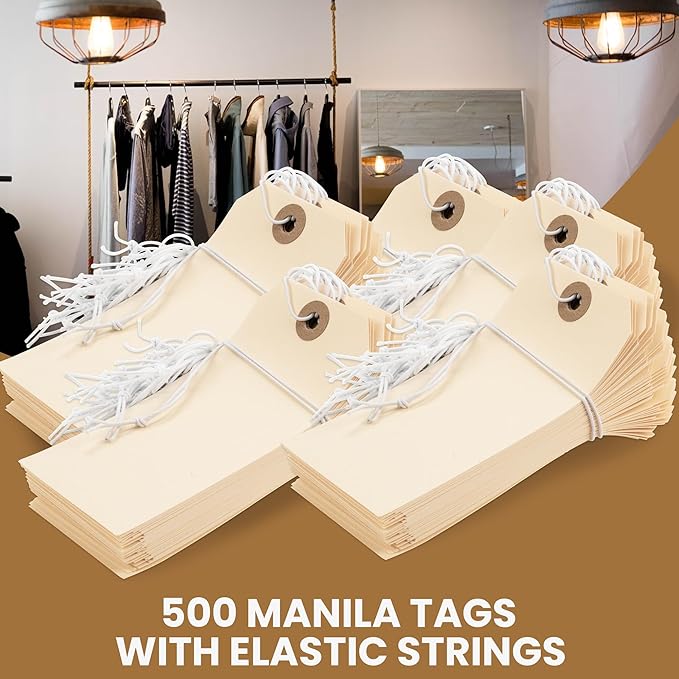 Perco Manila Shipping Tags with Elastic Strings — Large Durable Blank Paper Tags 4¾″ x 2⅜″ — Ideal for Labeling and Inventory Use — Box of 500