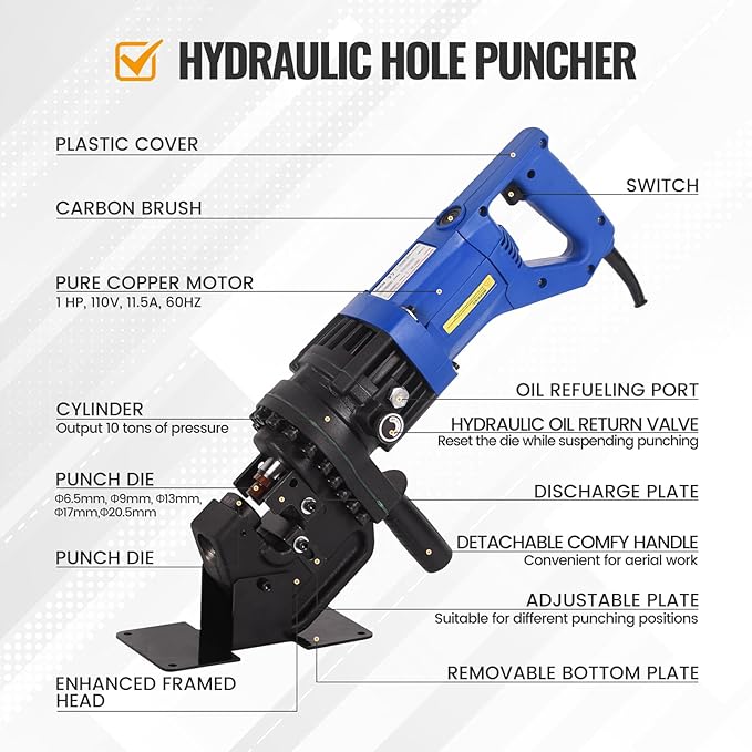 1200W Electric Hydraulic Hole Puncher,1HP Steel Punching Machine Φ1/4"-4/5",Hole Digger Hydraulic Punch with Carbon Brush 5 Dies for Steel Iron Aluminum Plate,Copper,Angle Steel,110V