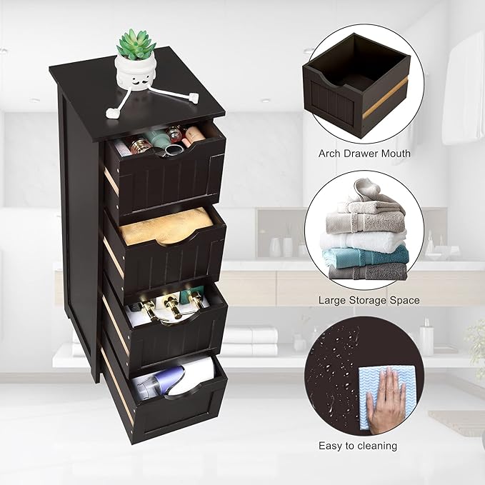 VINGLI Espresso Bathroom Storage Cabinet with 4 Drawers Wooden Freestanding Slim Bathroom Floor Cabinet Small Side Organizer Storage Unit for Restroom Livng Room Kitchen Office Hallway Entryway