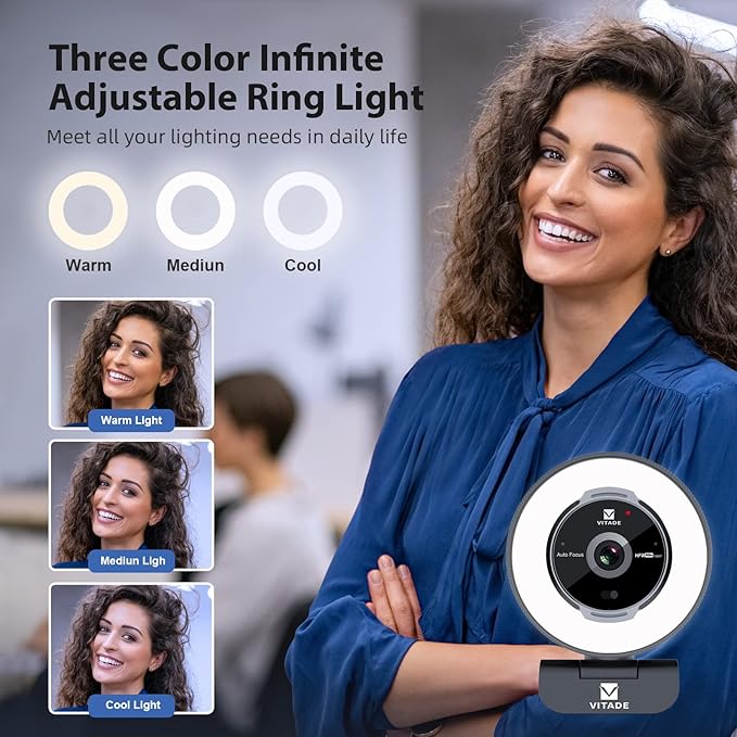 Vitade Zoomable Webcam with Remote Control, 1080P 60FPS Streaming with Ring Light and Microphone, Pro USB Webcam with 5X Digital Zoom and Privacy Cover for Zoom/Skype/Teams/PC/Laptop/Mac