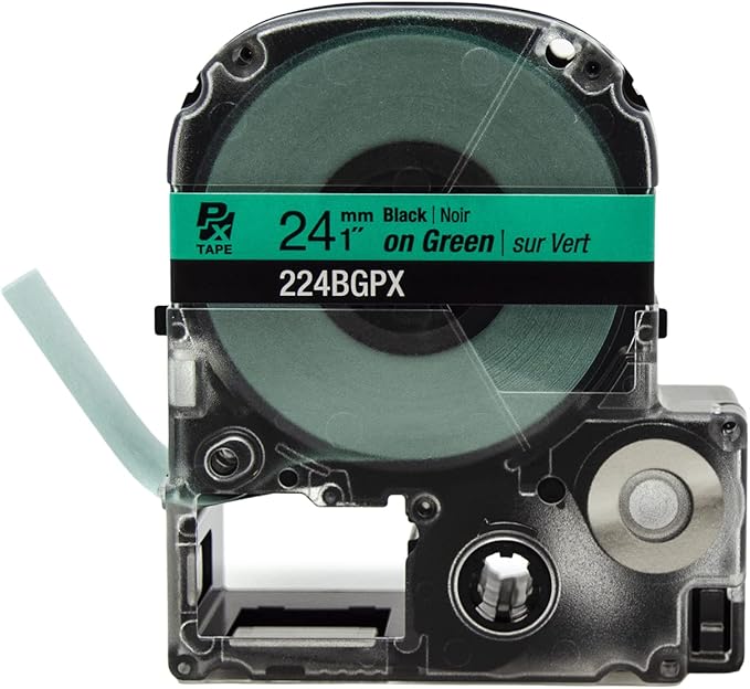 Epson LABELWORKS 224BGPX Genuine PET (Polyester) Tape Cartridge - Black on Green Label Maker Tape - 1" (24MM) Wide, 30'