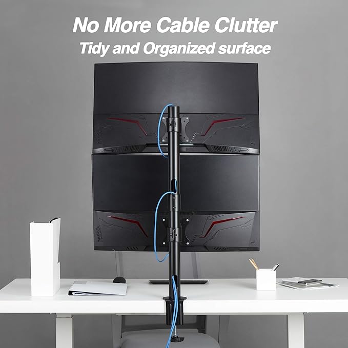 AVLT 38" Vertical Ultrawide Monitor Mount Stand Two Stacked 26.5 lbs Screens on Heavy-Duty Pole Save Workspace with Fine-Tune Height Tilt Swivel Rotate Adjustment C-clamp and Grommet Mounting Base