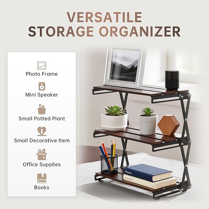 Desk Shelf Organizer 3 Tiers Wood Compact Desk Organizer Storage Rack Metal Frame Office Desk Shelf Organizers,Walnut