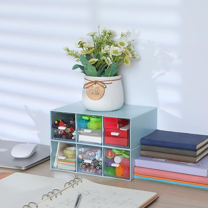Desktop Drawers, Desk Organizer with 6 Drawers, Stackable Plastic Storage Box for Home Collection, Cosmetics, Office Supplies (2 Tall Layers, Blue)