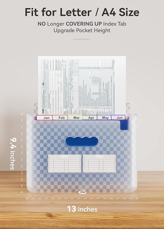 ABC life 12 Pockets Accordion File Organizer Expanding File Folders, Portable Monthly Bill Receipt Document Organiser, Expandable Accordian Filing Folder Letter A4 Size, Colored Tabs (Blue)