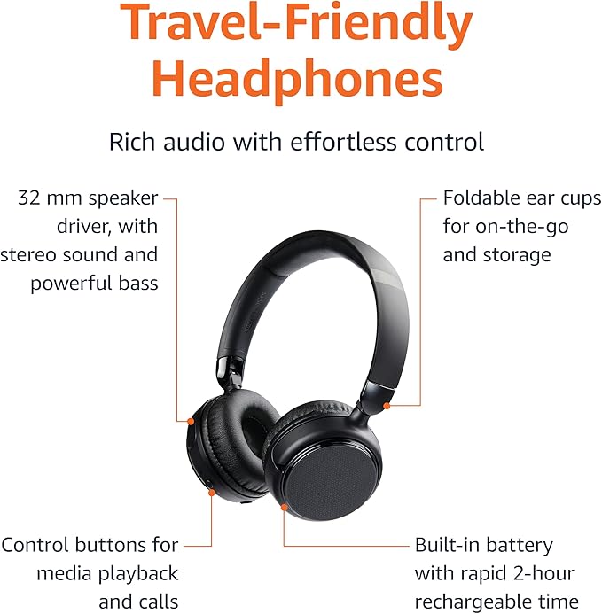Amazon Basics Bluetooth Headphones Wireless with Microphone, On Ear, 35 Hour Playtime, Foldable, One Size, Collapsible Travel Friendly, Black