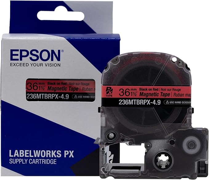 Epson LABELWORKS 236MTBRPX-4.9 Genuine Magnetic Tape Cartridge - Black on Red Magnet Label Maker Tape - 1.5" (36MM) Wide, 4.9 ft, Red