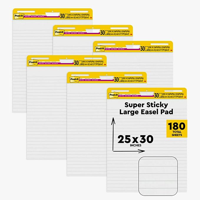 Post-it Super Sticky Easel Pad, 25 x 30 Inches, 30 Sheets/Pad, 6 Pads (561WL VAD 6PK), Large White Lined Premium Self Stick Flip Chart Paper