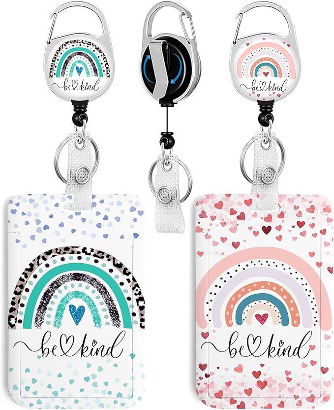 2 Pack Rainbow ID Badge Holder with Heavy Duty Retractable Reel Keychain for WomenStudents,Teachers, Nurses, Office Use