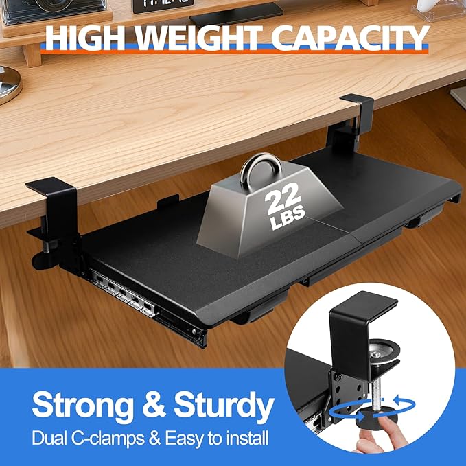 Large Height Adjustable Keyboard Tray with Sturdy C-Clamp Mount and Storage Drawer, 27"(31" Including Clamps) x 12" Slide Out Ergonomic Keyboard Trays for Home and Office, Black