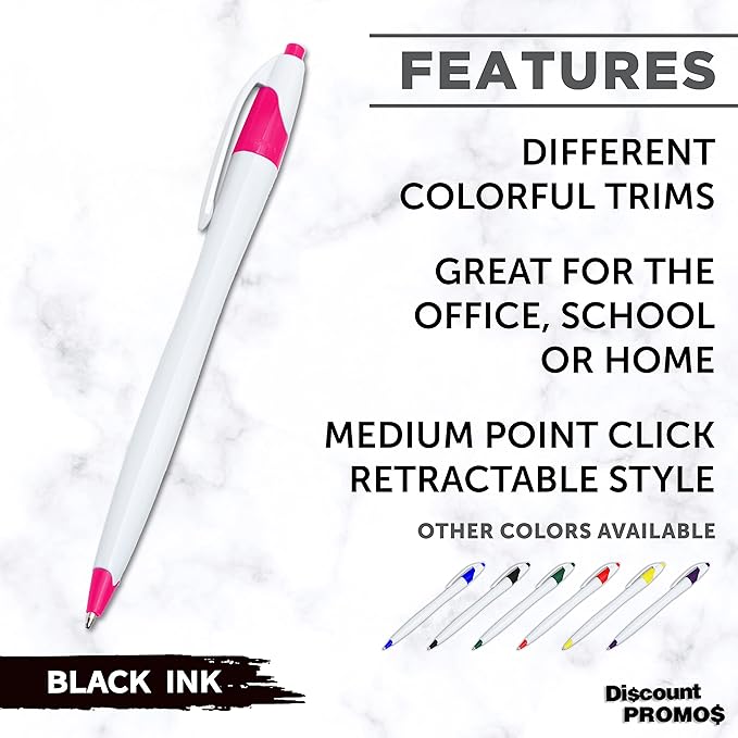 DISCOUNT PROMOS Slim Curvy Ballpoint Pens Set of 10, Bulk Pack - Black Ink, Retractable, Great for Office, School, Tradeshows - Pink