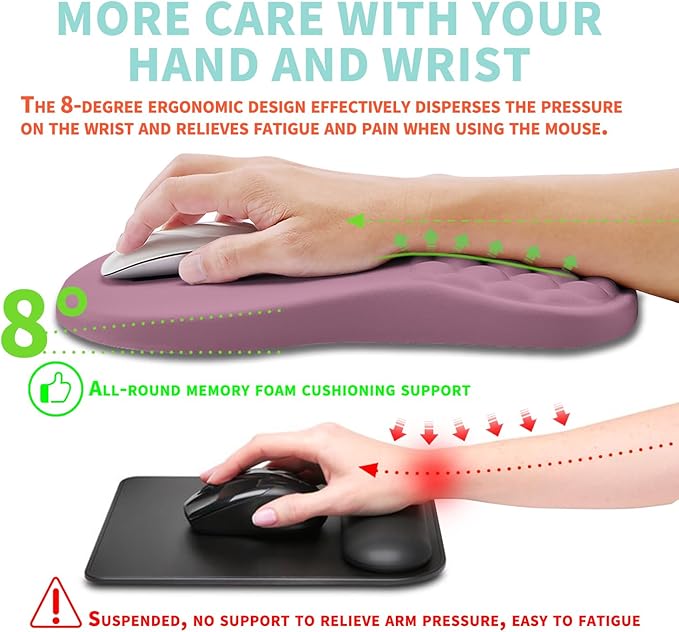 Ergonomic Mouse Pad Wrist Support with Memory Foam Massage Bulge, Carpal Tunnel Pain Relief Mousepad Wrist Rest for Mouse(12x8 inch, Dark Pink)