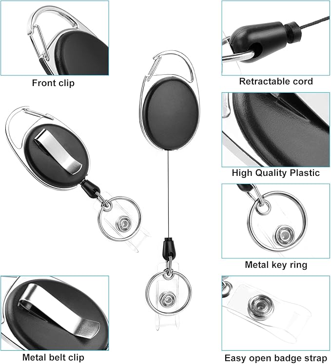 10 Pack Retractable Badge Reel with Carabiner Belt Clip and Key Ring Retractable ID Badge Holders for Office Worker Doctor Nurse