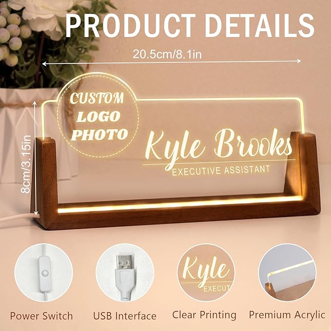 Desk Name Plate Personalized, Office Name Plate for Desk, Desk Decorations for Women Men Office - Light Up Name plate, Employee Appreciation Gifts for Coworkers