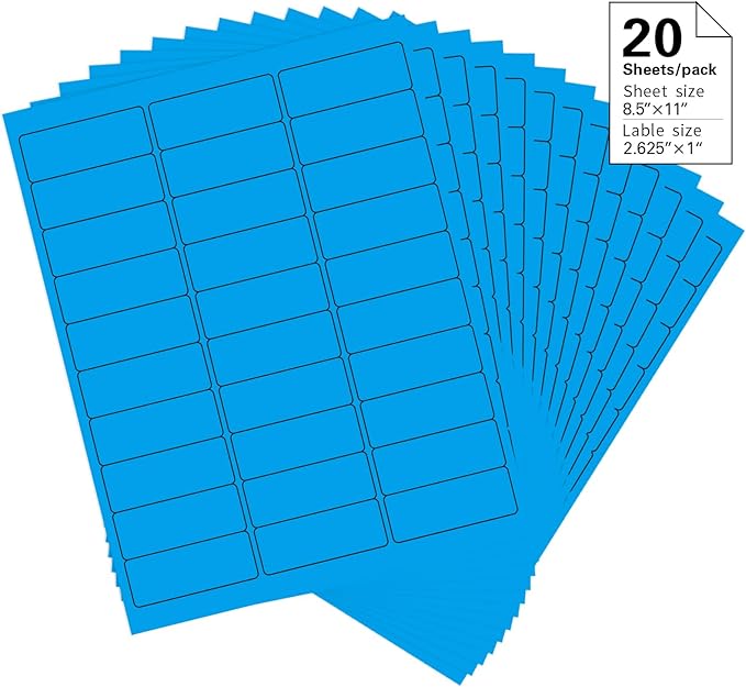 1" x 2-5/8" Colored Address Labels, 600 Bright Blue Label Stickers- Laser/Ink Jet Printer Mailing Labels, 8.5"x11" 20 per Sheet