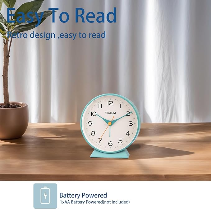 4.5" Battery Operated Retro Analog Alarm Clock, Small Silent Bedside Desk Clock,Lighted on Demand, Battery Operated, Snooze, for Living Room, Bedroom, Bedside, Desk(Green)