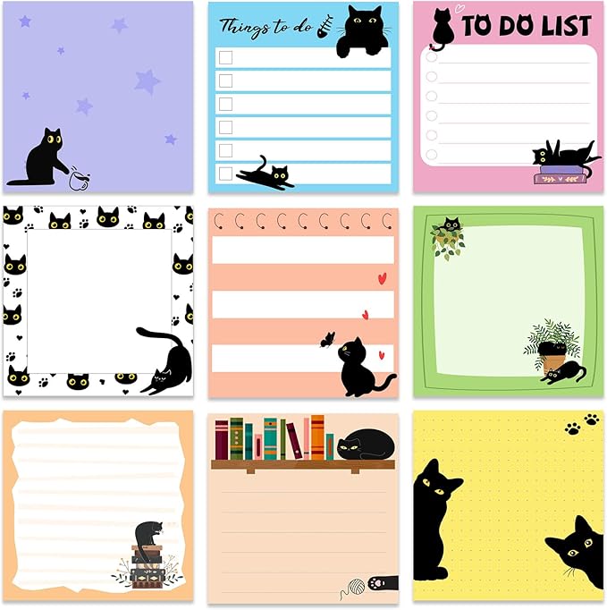 9 Pads Black Cat Sticky Notes 3x3 Inch Cute Self Stick Notepads Notes Adhesive Memo Pad Office Decor Gifts for Students School Teacher Meeting Office Supplies