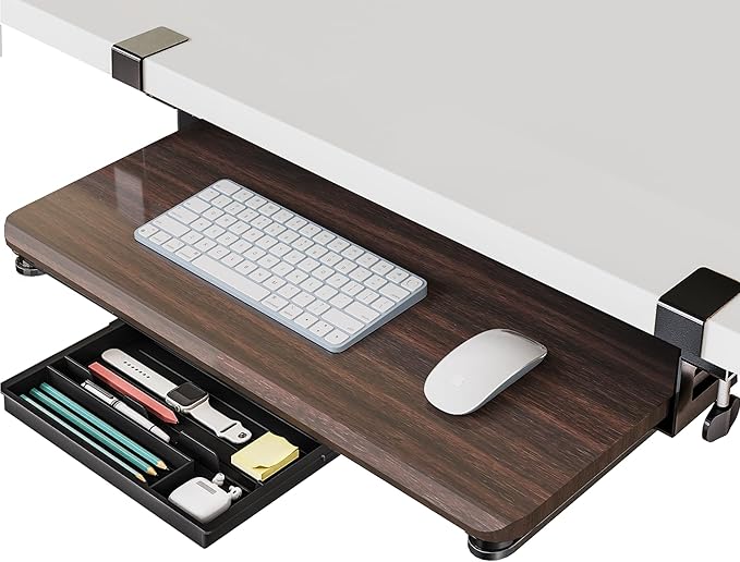 Fenge Keyboard Tray Under Desk, Pull Out Keyboard & Mouse Tray with C Clamp Mount, Sliding Keyboard Holder for Desk, 25.6 x 11.8 inch Large Slide-Out Platform Computer Drawer for Typing, Brown