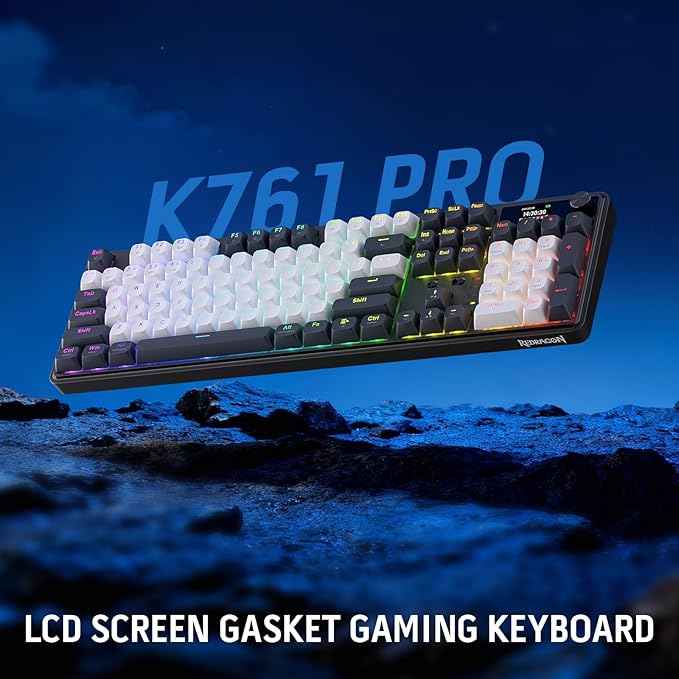 Redragon K761 Wireless Gasket Gaming Keyboard w/Hype Screen & Knob, 104 Keys Mechanical Keyboard, Easy-Control 1.14’’ TFT Info Display, 5-Layer Noise Dampening, Custom Linear Switch, Abyssal Blue