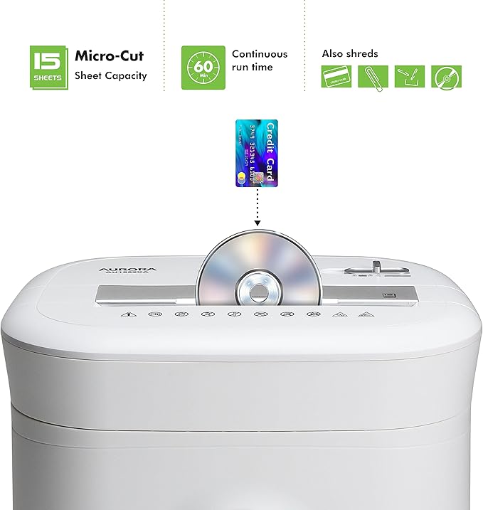 Aurora Heavy Duty Anti-Jam 15-Sheet Crosscut Shredder/60 Min Run Time/ 6-Gallon Pullout Basket, White