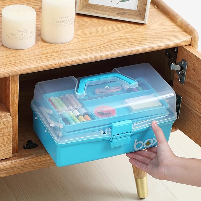 2PCS 12'' Three-Layer Clear Art Box Organizer, Multipurpose Plastic Craft Box with Handle (Blue)