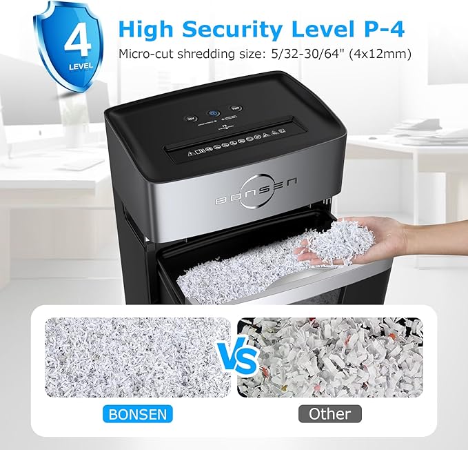 BONSEN 12-Sheet Micro-Cut Home Office Shredder with 5.3 Gal Bin, 40-Minute P-4 Security Level Paper Shredder for Plastic Credit Card, Staples, with Transparent Window & Anti-Jamming System, S3106