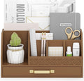 Bamboo Desk Organizer with Drawers, Mail Organizer Countertop Wood Desk Drawer Tabletop Storage Organization Pen Holder Letter Sorter Makeup Organizer for School Home Office (Brown)
