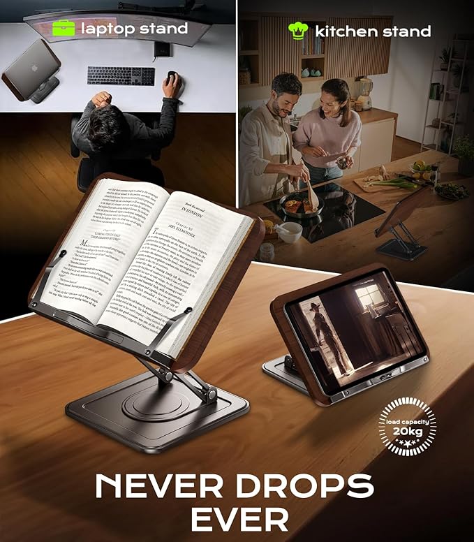 Book Stand for Reading, Adjustable Book Holder with 360°Rotating Bases, Ergonomic Cookbook Stand Recipe Book Holder with Elastic Page Clips for Magazines, Tablets, Laptops