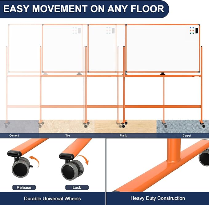 Large Dry-Erase Rolling Magnetic Whiteboard - 48 x 32 Inches Dry Erase Board with Stand Height Adjust Double Sides Mobile White Board Easel on Wheels with 25 Sheets Paper Pad Office, Home & Classroom
