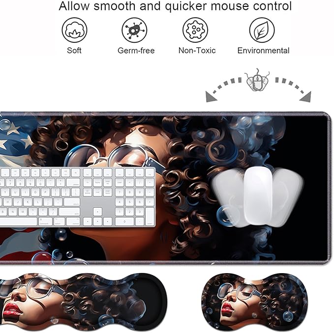 Ergonomic Keyboard Wrist Rest & Mouse Pad Wrist Rest Set, Large XXL Gaming Desk Mat 31.5"x 11.8" with Memory Foam, Easy Typing Pain Relief for Office & Home, African American Girl