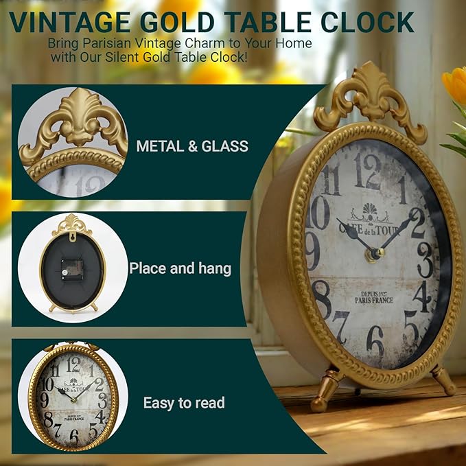 Vintage Gold Table Clock, Retro Oval Desk Clock with Romanesque Frame, Silent Non-Ticking Decorative Clock for Living Room Bedroom Office, Elegant Gift for Home Décor Lovers