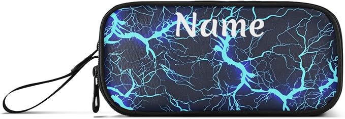 Custom Dark Blue Electric Lightning Pencil Case Box Boys Girls Personalized Name Large Pencil Pouch Stationery Pen Bag Organizer for Kids Adults School Office