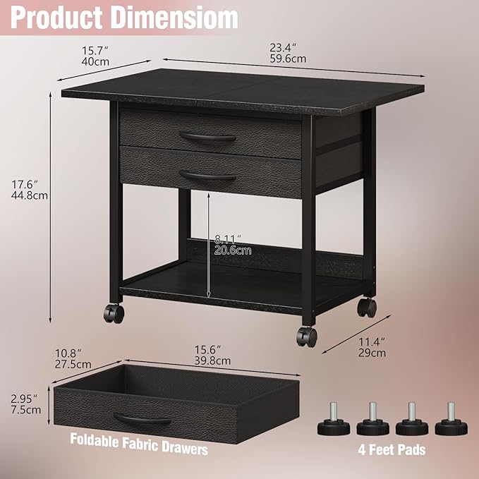 Large Printer Stand with Storage Fabric Drawer Under Desk Printer Table with Wheels for Home Office, Printer Cart fit Fax Machine Scanner 23.4"x15.7" (Black, 2 Tiers)