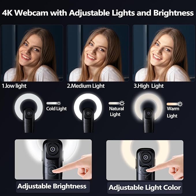 Combess 4K Webcam with Light, Webcam for PC with Microphone, Plug and Play, USB Computer Camera for Desktop, Auto-Focus, Web Camera for Desktop Computer Zoom Skype